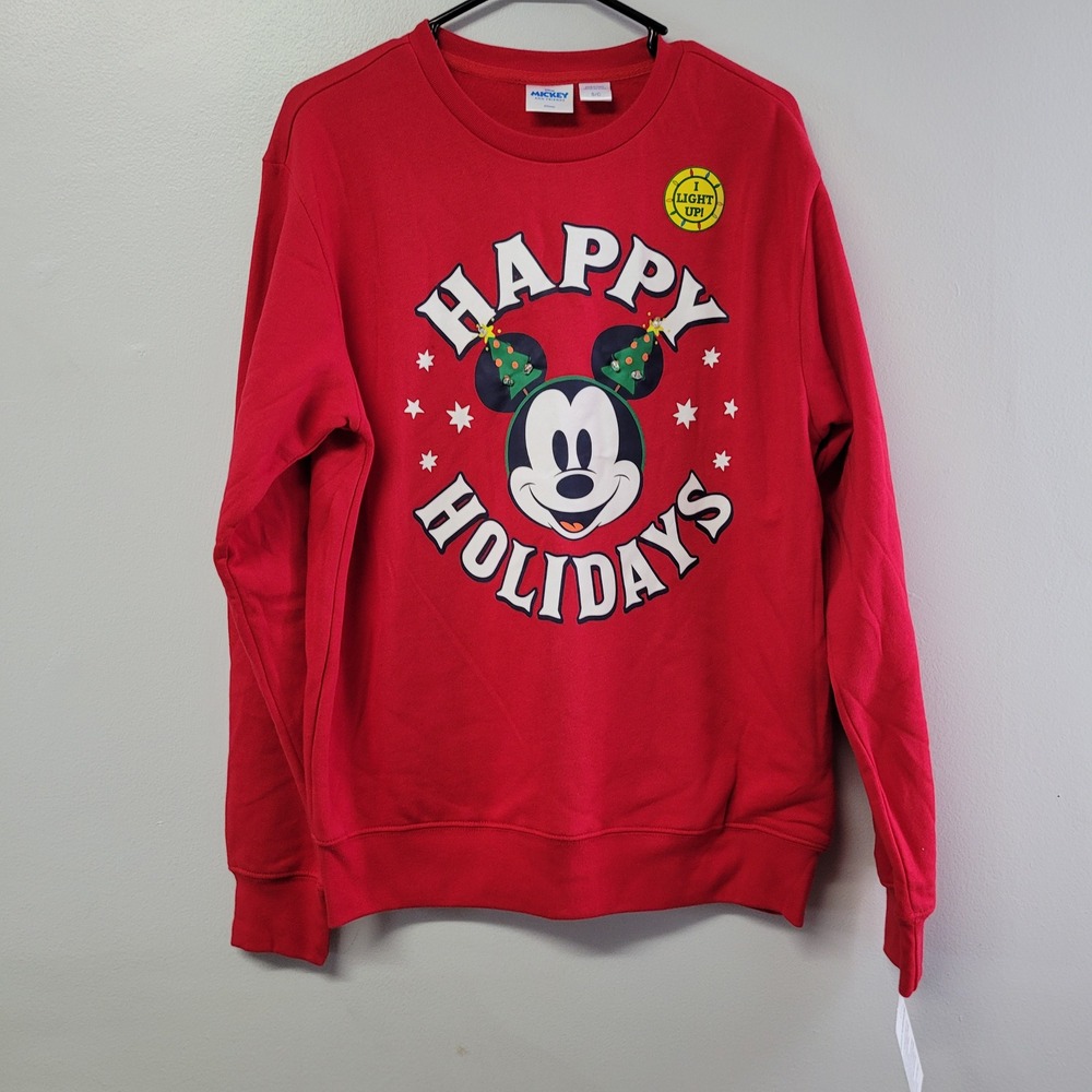 Disney Mickey Mouse Happy‎ Holidays Light Up Red Sweatshirt Small DSSCLGLMLCFA